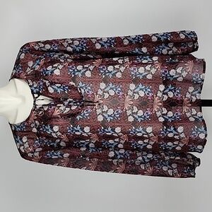 Warehouse One Burgundy Blue Floral Paisley Blouse  Top